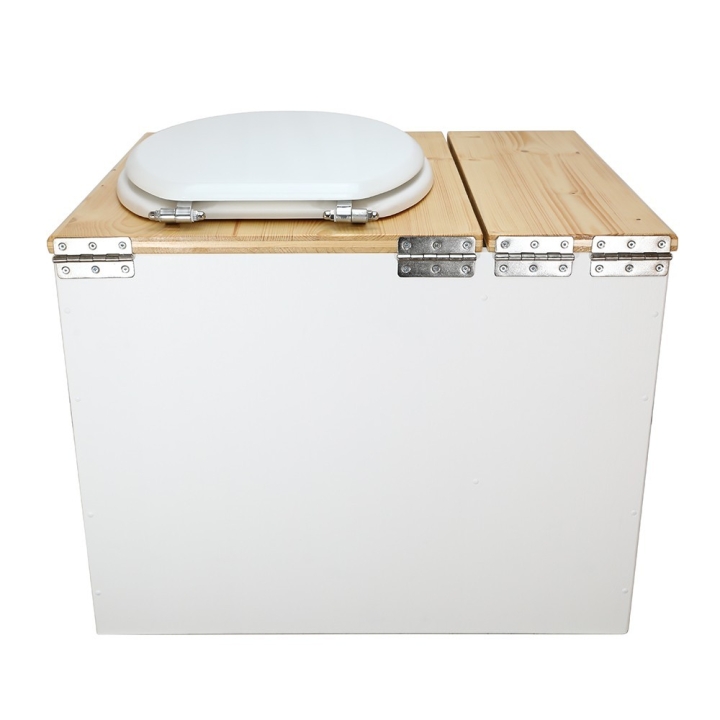  Toilette sèche en bois blanc/huilé avec bac intégré. Livré avec bavette inox et seau 22L. abattant blanc. modèle rehaussé PMR