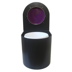 Toilette sèche en bois arrondie noire avec seau plastique 22L et bavette inox. Abattant violet. Modèle rehaussé
