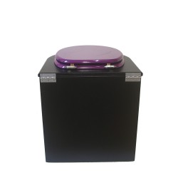 Toilette sèche en bois arrondie noire avec seau plastique 22L et bavette inox. Abattant violet. Modèle rehaussé