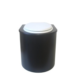 Toilette sèche en bois arrondie noire avec seau inox 22L et bavette inox. Abattant blanc. Modèle rehaussé