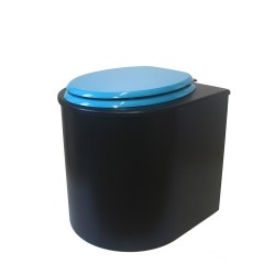 Toilette sèche en bois arrondie noire avec seau inox 22L et bavette inox. Abattant turquoise. Modèle rehaussé