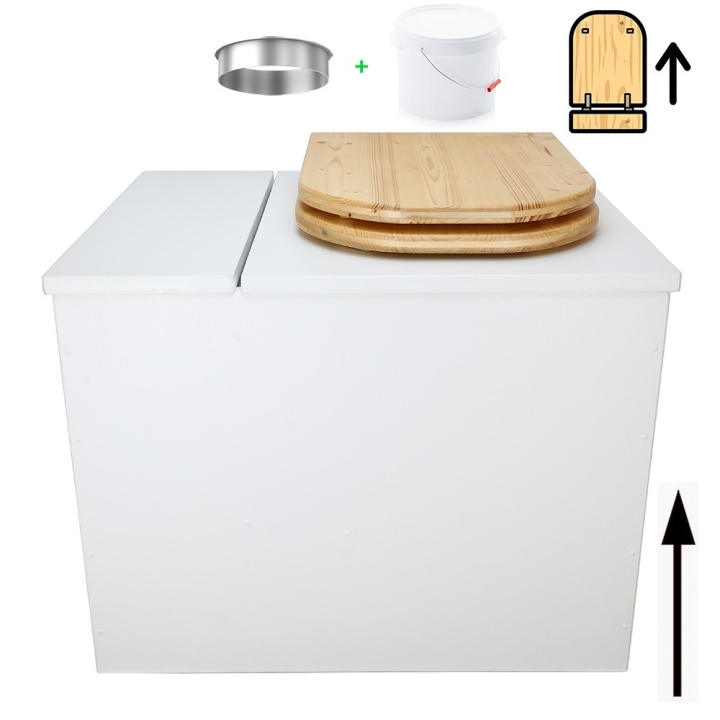 Toilette sèche rehaussée en bois blanc avec bac intégré. Livré avec bavette inox et seau 22L. abattant huilé déclipsable.