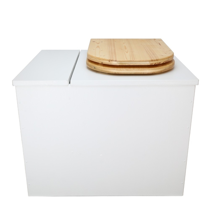  Toilette sèche rehaussée en bois blanc avec bac intégré. Livré avec bavette inox et seau 22L. abattant huilé déclipsable.