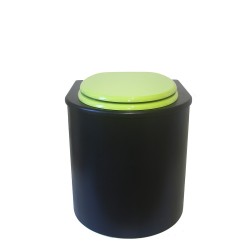 Toilette sèche en bois arrondie noire avec seau inox 22L et bavette inox. Abattant vert. Modèle rehaussé