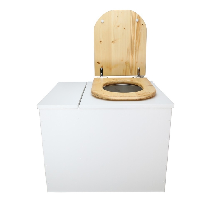  Toilette sèche rehaussée en bois blanc avec bac intégré. Livré avec bavette inox et seau 22L. abattant huilé déclipsable.