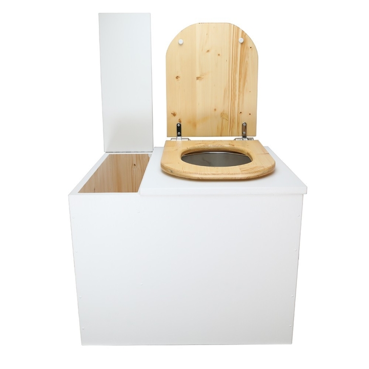  Toilette sèche rehaussée en bois blanc avec bac intégré. Livré avec bavette inox et seau 22L. abattant huilé déclipsable.
