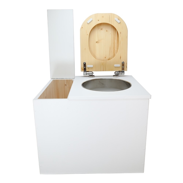  Toilette sèche rehaussée en bois blanc avec bac intégré. Livré avec bavette inox et seau 22L. abattant huilé déclipsable.