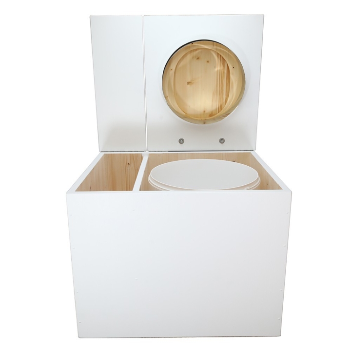  Toilette sèche rehaussée en bois blanc avec bac intégré. Livré avec bavette inox et seau 22L. abattant huilé déclipsable.