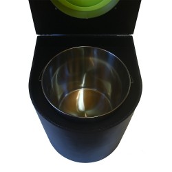 Toilette sèche en bois arrondie noire avec seau inox 22L et bavette inox. Abattant vert. Modèle rehaussé