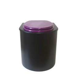 Toilette sèche en bois arrondie noire avec seau inox 22L et bavette inox. Abattant violet. Modèle rehaussé