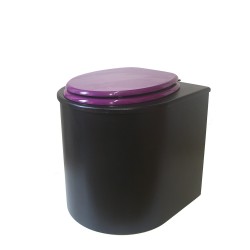 Toilette sèche en bois arrondie noire avec seau inox 22L et bavette inox. Abattant violet. Modèle rehaussé