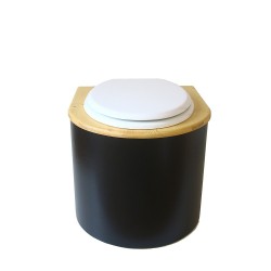 Toilette sèche en bois arrondie noire/huilé avec seau plastique 22L, bavette inox, abattant blanc