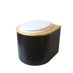 Toilette sèche en bois arrondie noire/huilé avec seau plastique 22L, bavette inox, abattant blanc
