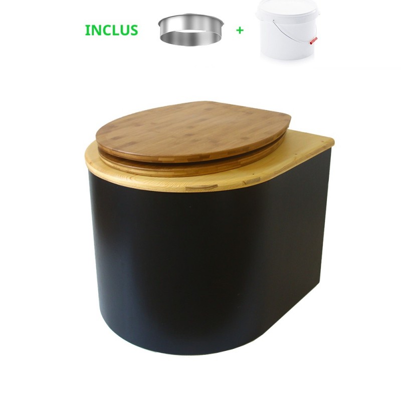 Toilette sèche en bois arrondie noire/huilé avec seau plastique 22L, bavette inox, abattant bambou