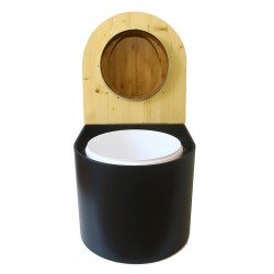 Toilette sèche en bois arrondie noire/huilé avec seau plastique 22L, bavette inox, abattant bambou
