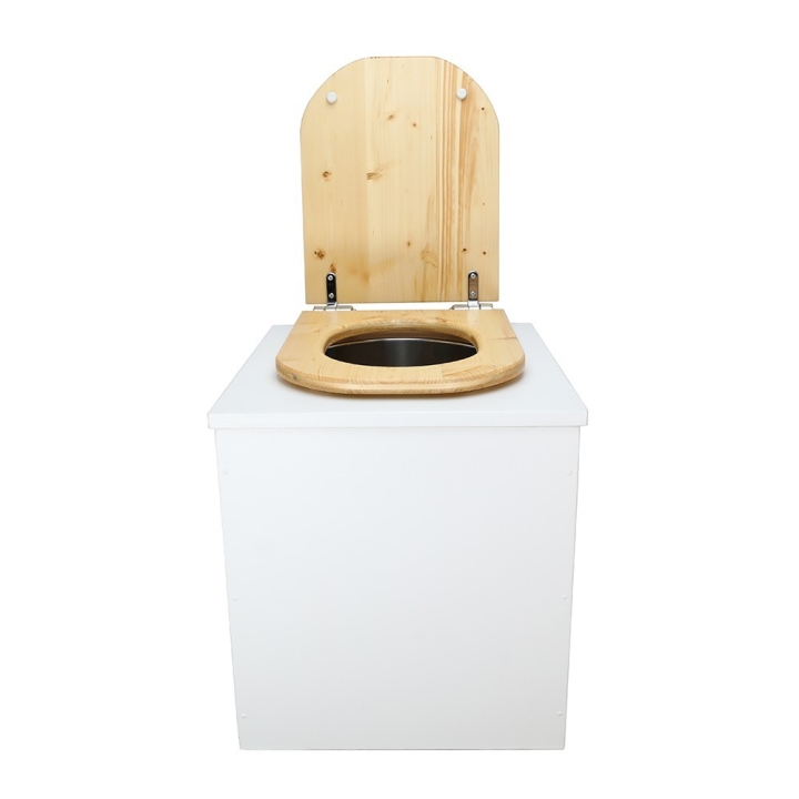  Toilette sèche rehaussée en bois blanc complète avec seau inox et bavette inox - abattant bois huilé déclipsable