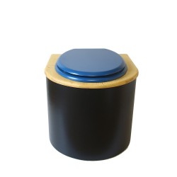 Toilette sèche en bois arrondie noire/huilé avec seau plastique 22L, bavette inox, abattant bleu