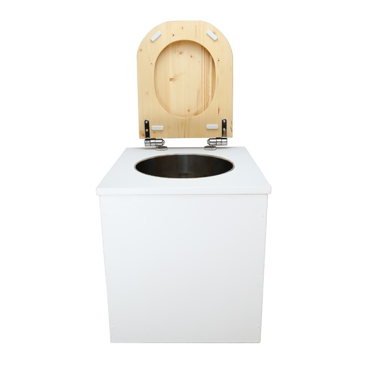  Toilette sèche rehaussée en bois blanc complète avec seau inox et bavette inox - abattant bois huilé déclipsable