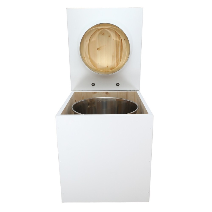  Toilette sèche rehaussée en bois blanc complète avec seau inox et bavette inox - abattant bois huilé déclipsable