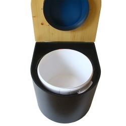 Toilette sèche en bois arrondie noire/huilé avec seau plastique 22L, bavette inox, abattant bleu