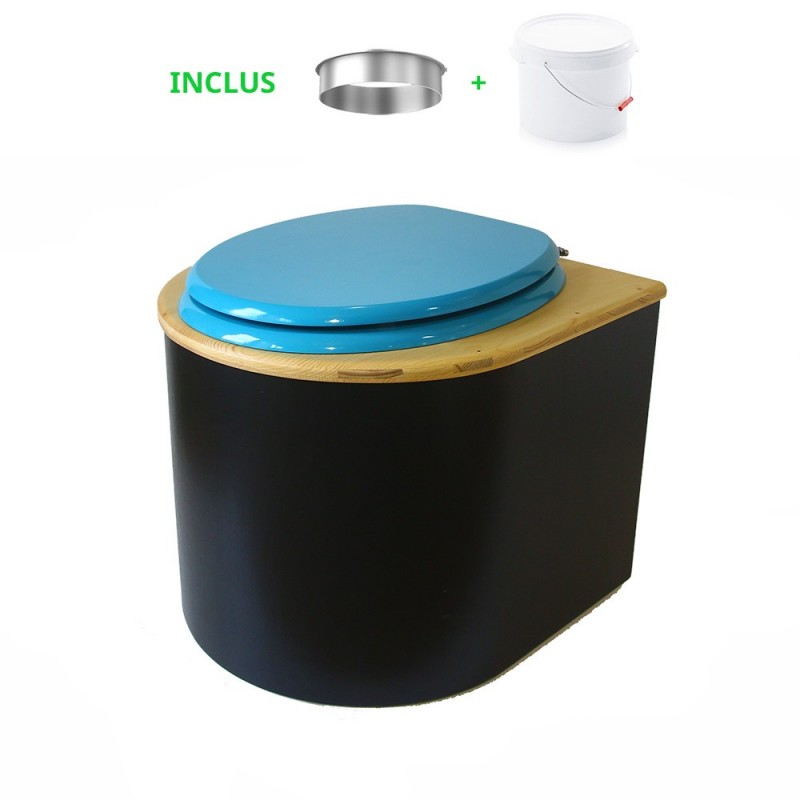 Toilette sèche en bois arrondie noire/huilé avec seau plastique 22L, bavette inox, abattant turquoise