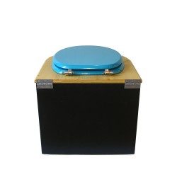 Toilette sèche en bois arrondie noire/huilé avec seau plastique 22L, bavette inox, abattant turquoise