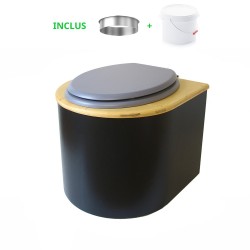 Toilette sèche en bois arrondie noire/huilé avec seau plastique 22L, bavette inox, abattant gris