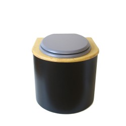 Toilette sèche en bois arrondie noire/huilé avec seau plastique 22L, bavette inox, abattant gris