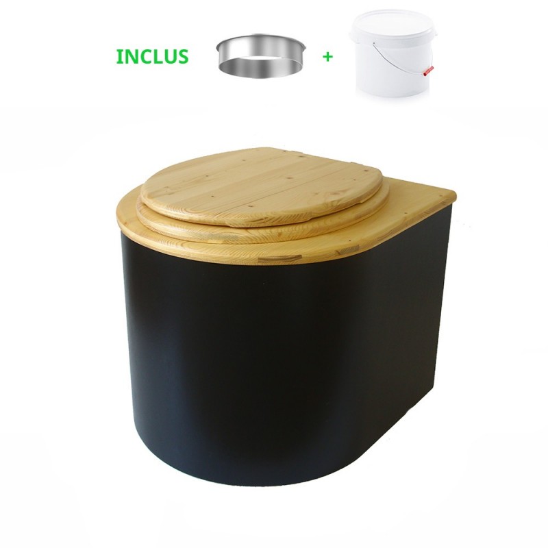 Toilette sèche en bois arrondie noire/huilé avec seau plastique 22L, bavette inox, abattant bois huilé