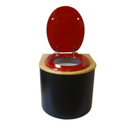 Toilette sèche en bois arrondie noire/huilé avec seau plastique 22L, bavette inox, abattant rouge