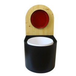 Toilette sèche en bois arrondie noire/huilé avec seau plastique 22L, bavette inox, abattant rouge