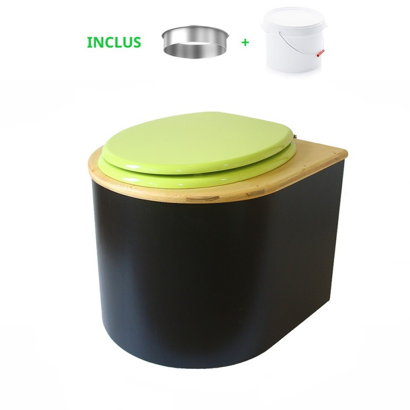 Toilette sèche en bois arrondie noire/huilé avec seau plastique 22L, bavette inox, abattant vert