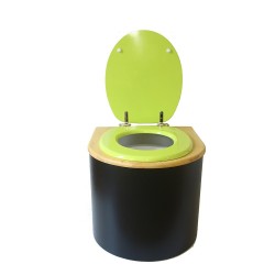 Toilette sèche en bois arrondie noire/huilé avec seau plastique 22L, bavette inox, abattant vert
