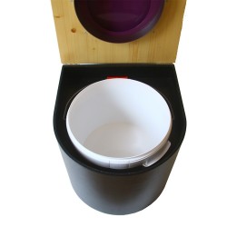 Toilette sèche en bois arrondie noire/huilé avec seau plastique 22L, bavette inox, abattant violet