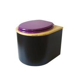 Toilette sèche en bois arrondie noire/huilé avec seau plastique 22L, bavette inox, abattant violet