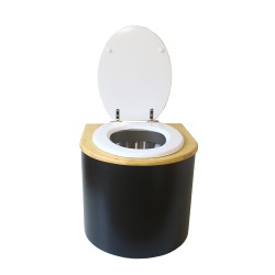 Toilette sèche en bois arrondie noire/huilé avec seau inox, bavette inox, abattant blanc