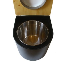 Toilette sèche en bois arrondie noire/huilé avec seau inox, bavette inox, abattant blanc