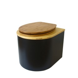 Toilette sèche en bois arrondie noire/huilé avec seau inox, bavette inox, abattant bambou