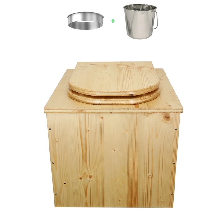 Toilette sèche en bois huilée avec seau inox et bavette inox