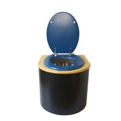 Toilette sèche en bois arrondie noire/huilé avec seau inox, bavette inox, abattant bleu