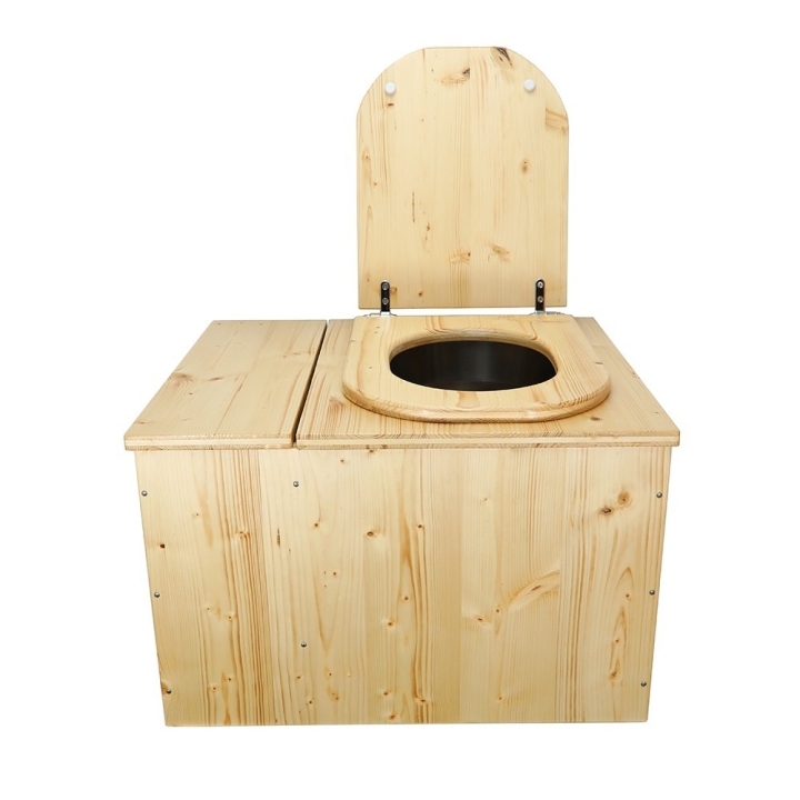  Toilette sèche huilée avec bac à copeaux de bois complète avec bavette inox et seau inox - abattant huilé "D"