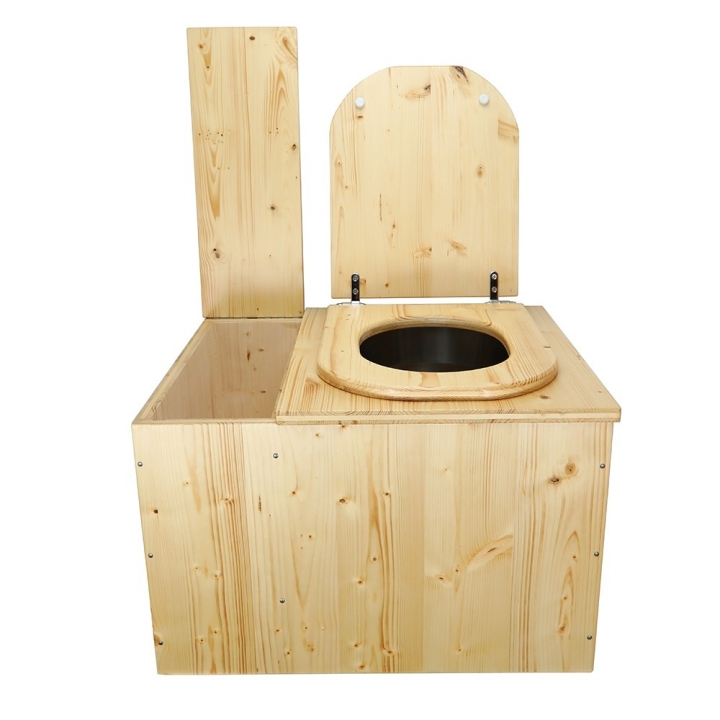  Toilette sèche huilée avec bac à copeaux de bois complète avec bavette inox et seau inox - abattant huilé "D"