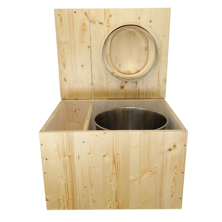  Toilette sèche huilée avec bac à copeaux de bois complète avec bavette inox et seau inox - abattant huilé "D"