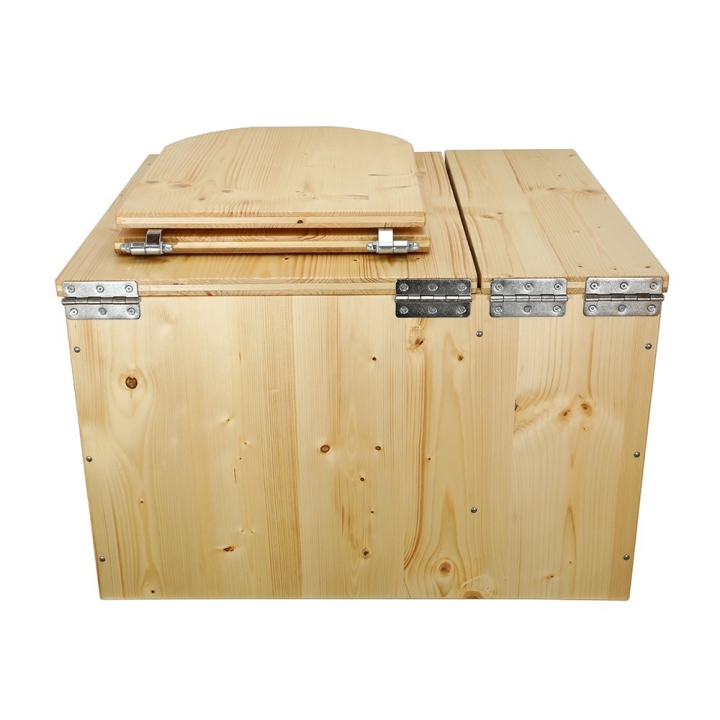  Toilette sèche huilée avec bac à copeaux de bois complète avec bavette inox et seau inox - abattant huilé "D"