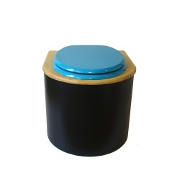 Toilette sèche en bois arrondie noire/huilé avec seau inox, bavette inox, abattant turquoise