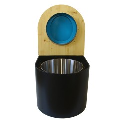 Toilette sèche en bois arrondie noire/huilé avec seau inox, bavette inox, abattant turquoise