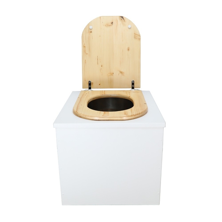  Toilette sèche en bois blanc complète avec seau inox et bavette inox - abattant bois huilé forme de D