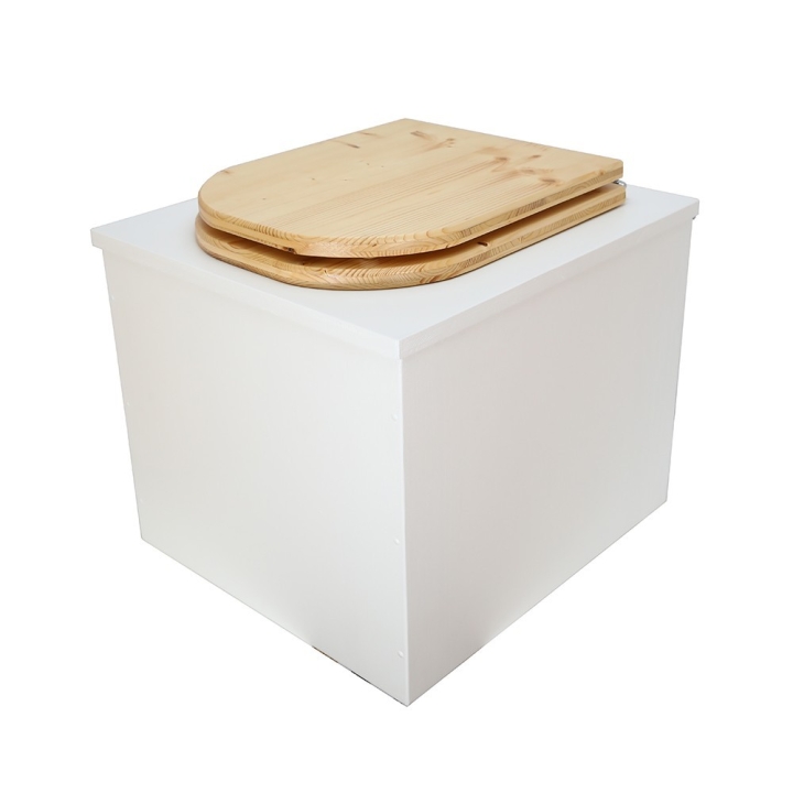  Toilette sèche en bois blanc complète avec seau inox et bavette inox - abattant bois huilé forme de D