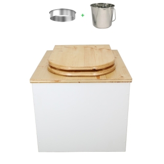 Toilette sèche en bois blanc/huilé complète avec seau inox 22 litres et bavette inox - abattant bois huilé forme de D