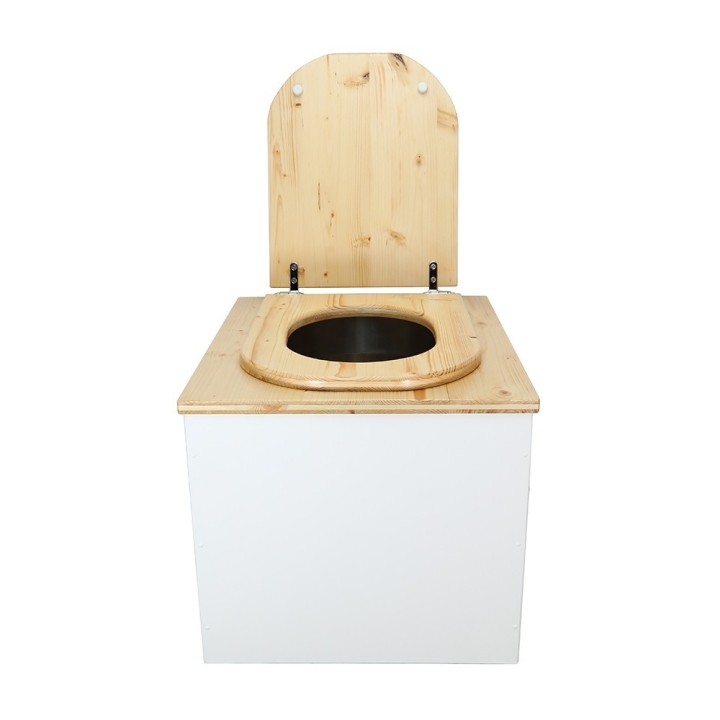  Toilette sèche en bois blanc/huilé complète avec seau inox 22 litres et bavette inox - abattant bois huilé forme de D
